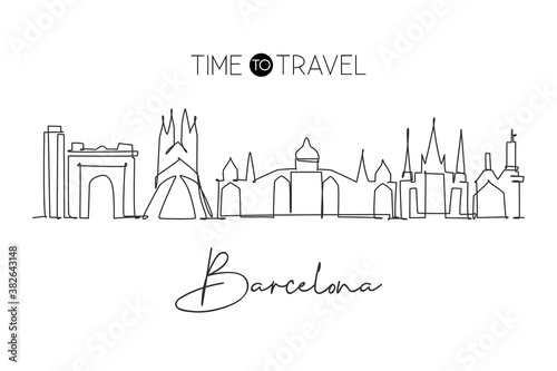 Single continuous line drawing of Barcelona city skyline, Spain. Famous city skyscraper landscape postcard. World travel concept wall decor poster art. Modern one line draw design vector illustration