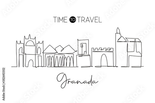 One single line drawing of Granada city skyline, Spain. Historical landscape in world postcard. Best holiday destination wall decor poster art. Trendy continuous line draw design vector illustration