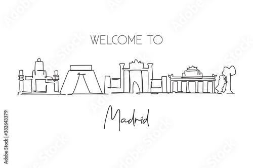 One continuous line drawing of Madrid city skyline, Spain. Beautiful skyscraper. World landscape tourism travel vacation wall decor poster concept. Stylish single line draw design vector illustration