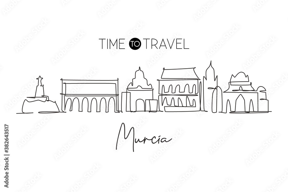 Single continuous line drawing of Murcia city skyline, Spain. Famous city skyscraper landscape postcard. World travel wall decor poster print concept. Modern one line draw design vector illustration