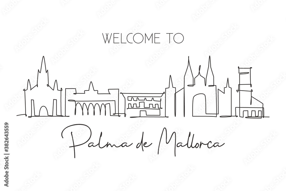One single line drawing of Palma de Mallorca city skyline Spain. Historical skyscraper landscape in world. Best holiday destination wall decor poster. Continuous line draw design vector illustration