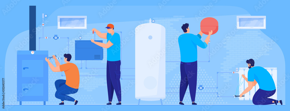 Fototapeta premium Plumbing work. Repair of heating system, boiler, heating batteries, boiler. Vector illustration