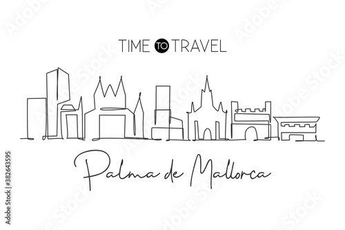 Single continuous line drawing of Palma de Mallorca city skyline. Famous skyscraper landscape postcard. World travel wall decor poster print concept. Modern one line draw design vector illustration photo