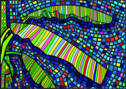 colorful banana leaf pattern and moses stained glass illustration vector