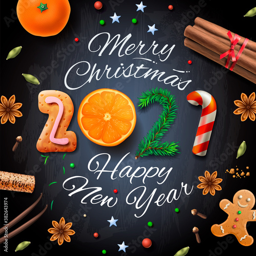 Merry Christmas, Happy New Year 2021, vintage background With Typography and spices for Christmas drink mulled wine, vector illustration.