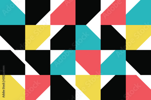 Seamless, abstract background pattern made with colorful geometric polygonal shapes (pentagons). Modern, simple, playful vector art in red, blue, yellow and black colors.