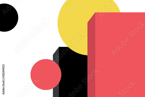 Abstract background made with geometric shapes (circles and rectangles) in city buildings, sun and life abstraction. Modern, simple and minimal vector art in yellow, red and black colors.