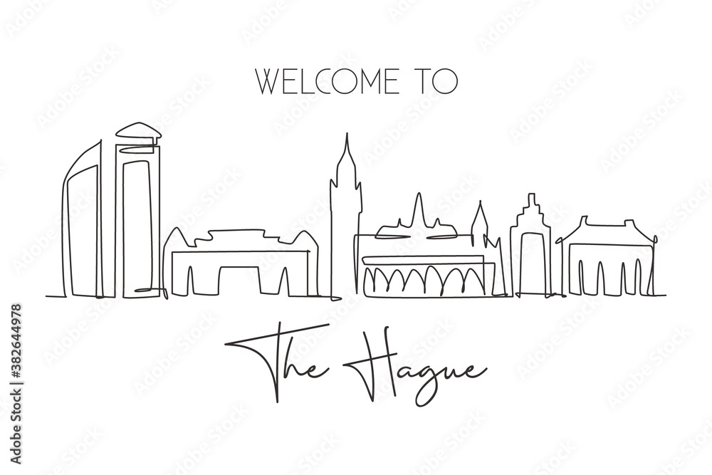 Single continuous line drawing of The Hague city skyline, Netherlands. Famous skyscraper landscape postcard. World travel wall decor poster art concept. Modern one line draw design vector illustration