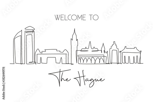 Single continuous line drawing of The Hague city skyline, Netherlands. Famous skyscraper landscape postcard. World travel wall decor poster art concept. Modern one line draw design vector illustration