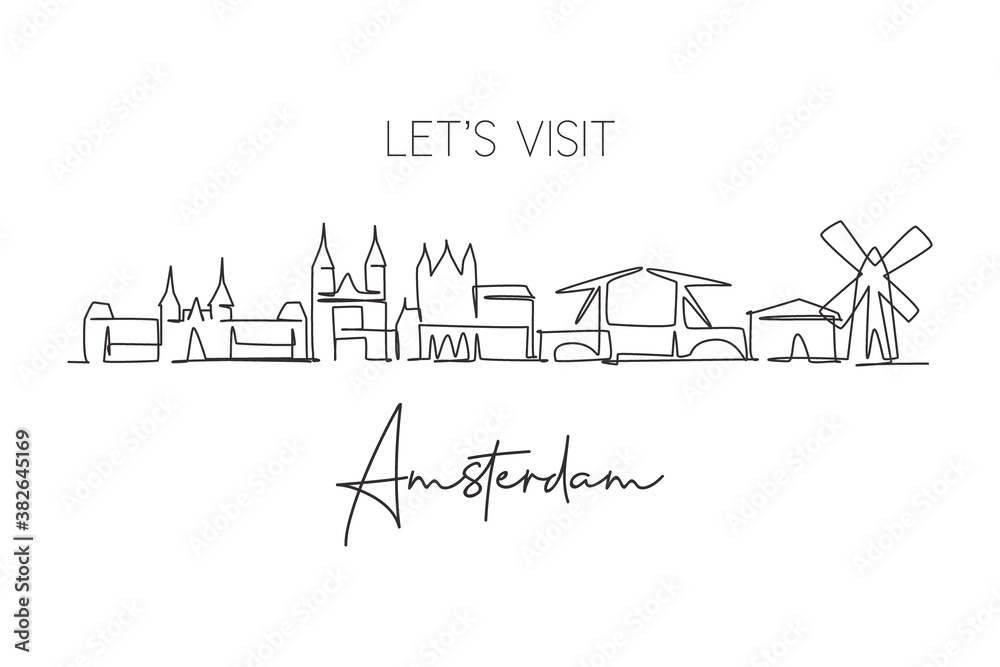 One single line drawing of Amsterdam city skyline, Netherlands. Historical skyscraper landscape in world. Best holiday destination wall decor poster. Continuous line draw design vector illustration