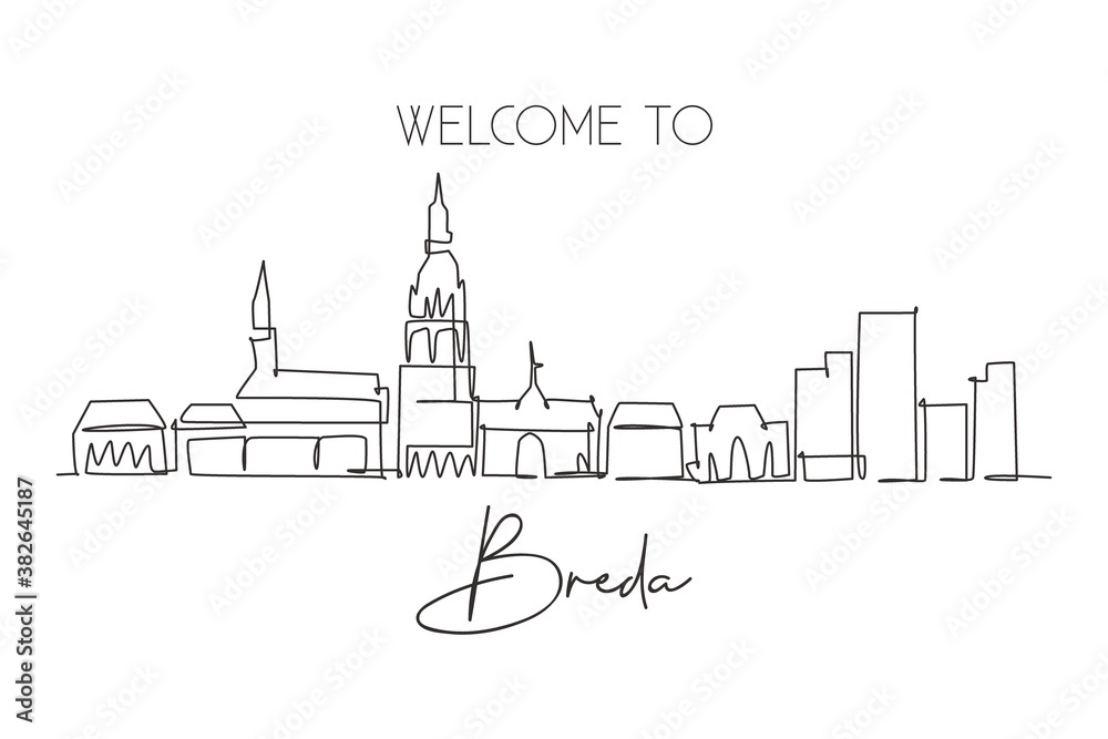 Single continuous line drawing of Breda city skyline, Netherlands. Famous skyscraper landscape postcard. World travel wall decor poster print concept. Modern one line draw design vector illustration