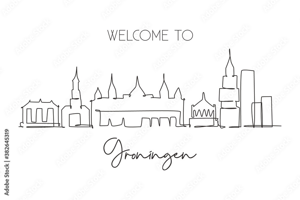 One single line drawing of Groningen city skyline, Netherlands. Historical skyscraper landscape in world. Best holiday destination wall decor poster. Continuous line draw design vector illustration