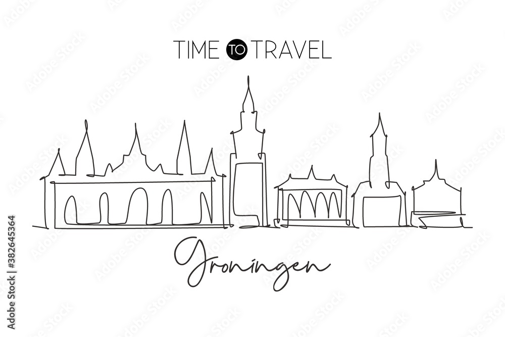 Single continuous line drawing of Groningen city skyline, Netherlands. Famous skyscraper and landscape postcard. World travel concept wall decor poster. Modern one line draw design vector illustration