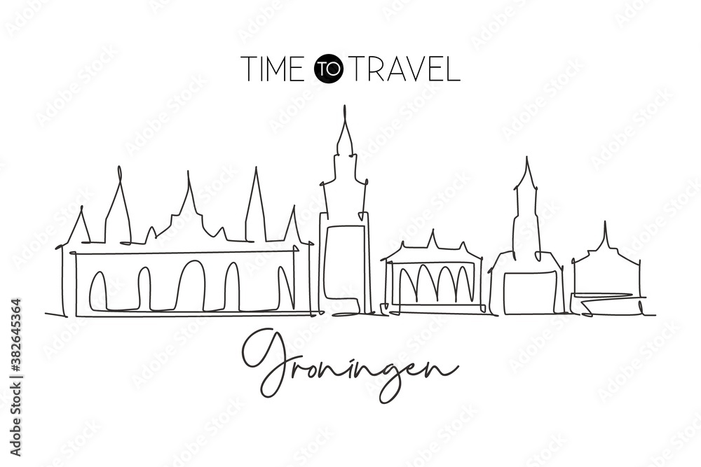 Single continuous line drawing of Groningen city skyline, Netherlands. Famous skyscraper and landscape postcard. World travel concept wall decor poster. Modern one line draw design vector illustration Single continuous line drawing of Groningen city skyline, Netherlands. Famous skyscraper and landscape postcard. World travel concept wall decor poster. Modern one line draw design vector illustration