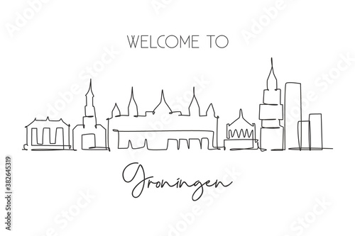 One single line drawing of Groningen city skyline, Netherlands. Historical skyscraper landscape in world. Best holiday destination wall decor poster. Continuous line draw design vector illustration