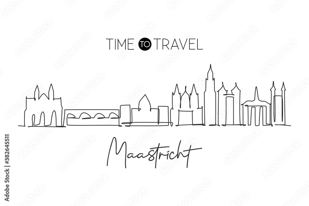 One continuous line drawing of Maastricht city skyline, Netherlands. Beautiful skyscraper postcard. World landscape tourism travel wall decor poster print. Single line draw design vector illustration