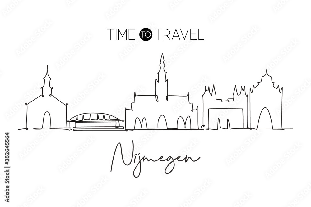 One continuous line drawing of Nijmegen city skyline, Netherlands. Beautiful skyscraper. World landscape tourism travel vacation wall decor poster print. Single line draw design vector illustration