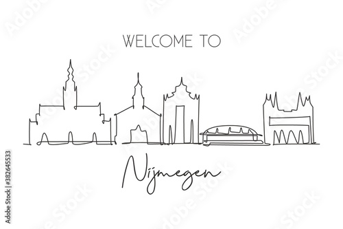Single continuous line drawing of Nijmegen city skyline, Netherlands. Famous skyscraper and landscape postcard. World travel wall decor poster concept. Modern one line draw design vector illustration