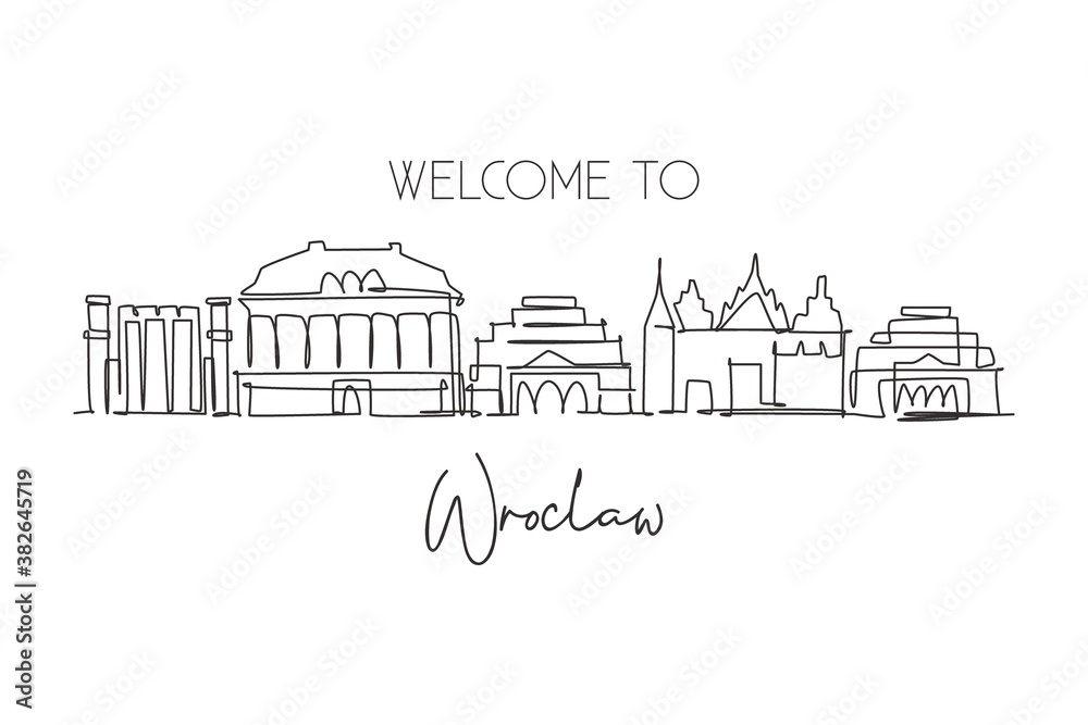 One continuous line drawing of Wroclaw city skyline Poland. Beautiful skyscraper. World landscape tourism travel vacation wall decor poster concept. Stylish single line draw design vector illustration