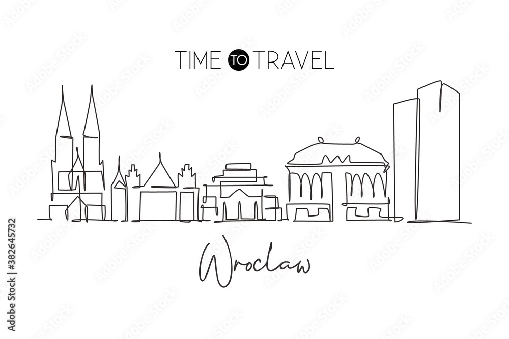 One single line drawing of Wroclaw city skyline, Poland. Historical skyscraper landscape in world. Best holiday destination wall decor poster. Trendy continuous line draw design vector illustration
