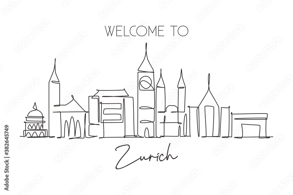 One continuous line drawing of Zurich city skyline, Switzerland. Beautiful skyscraper. World landscape tourism travel home wall decor poster print. Stylish single line draw design vector illustration