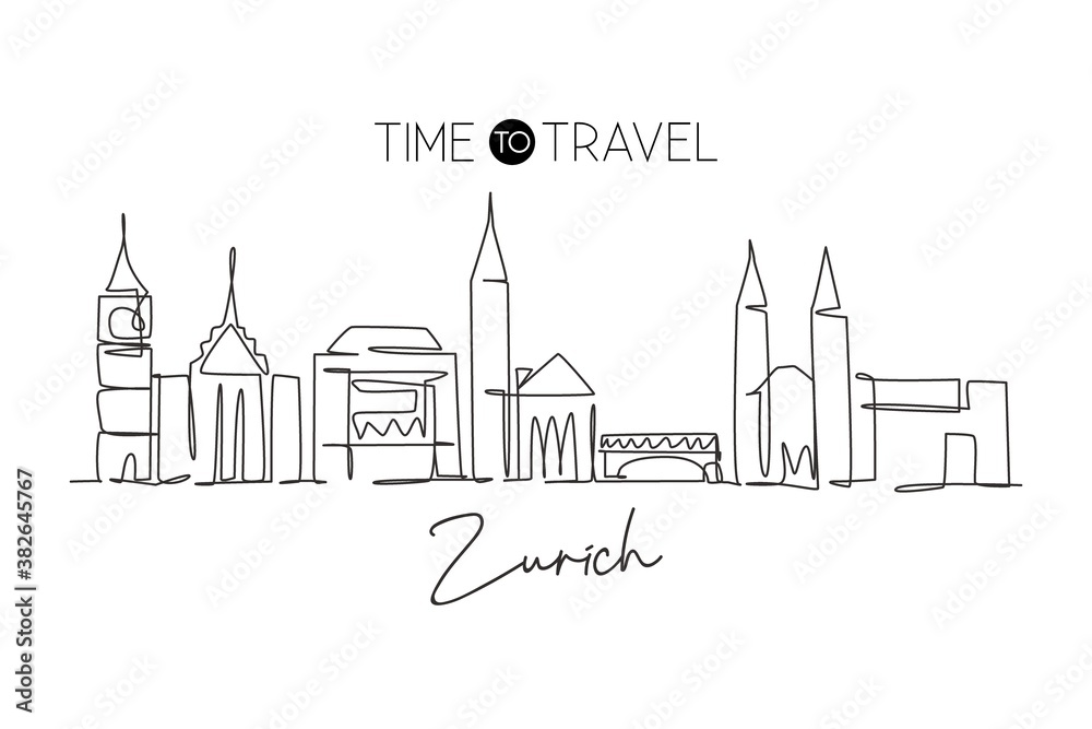 Single continuous line drawing of Zurich city skyline, Switzerland. Famous skyscraper landscape postcard. World travel concept home wall decor poster. Modern one line draw design vector illustration Single continuous line drawing of Zurich city skyline, Switzerland. Famous skyscraper landscape postcard. World travel concept home wall decor poster. Modern one line draw design vector illustration