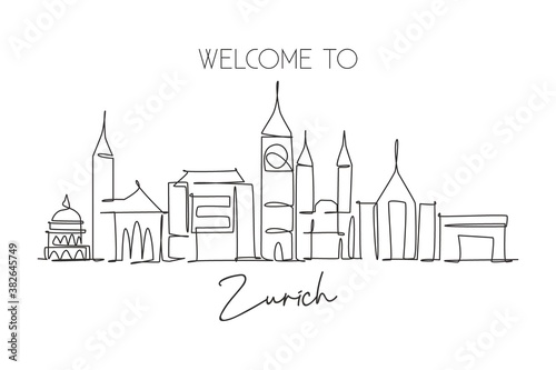One continuous line drawing of Zurich city skyline, Switzerland. Beautiful skyscraper. World landscape tourism travel home wall decor poster print. Stylish single line draw design vector illustration