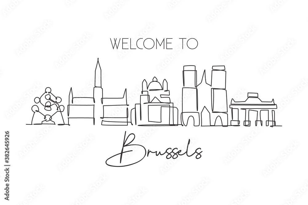 One single line drawing of Brussels city skyline, Belgium. Historical skyscraper landscape in world. Best holiday destination home wall decor. Trendy continuous line draw design vector illustration One single line drawing of Brussels city skyline, Belgium. Historical skyscraper landscape in world. Best holiday destination home wall decor. Trendy continuous line draw design vector illustration