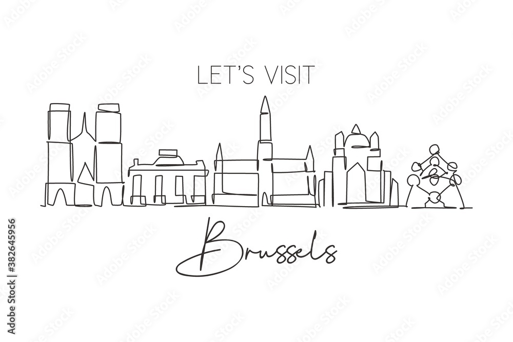 One continuous line drawing of Brussels city skyline, Belgium. Beautiful skyscraper. World landscape tourism travel home wall decor poster print. Editable single line draw design vector illustration