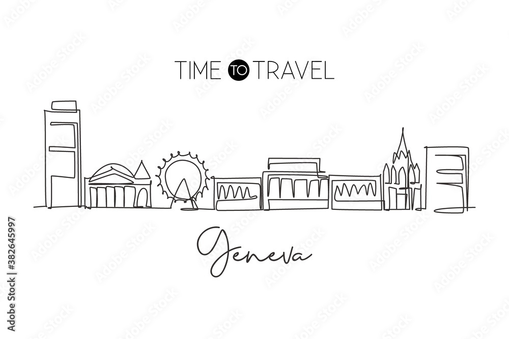 Obraz premium One single line drawing of Geneva city skyline, Switzerland. Historical landscape in world. Best holiday destination wall decor poster. Editable trendy continuous line draw design vector illustration