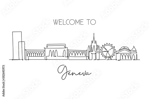 Single continuous line drawing of Geneva city skyline, Switzerland. Famous skyscraper landscape postcard. World travel wall decor poster print concept. Modern one line draw design vector illustration