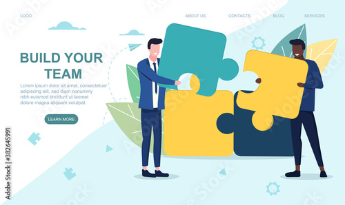 Assemble your team concept with two diverse businessmen connecting puzzle pieces. Web page template. Flat vector illustration