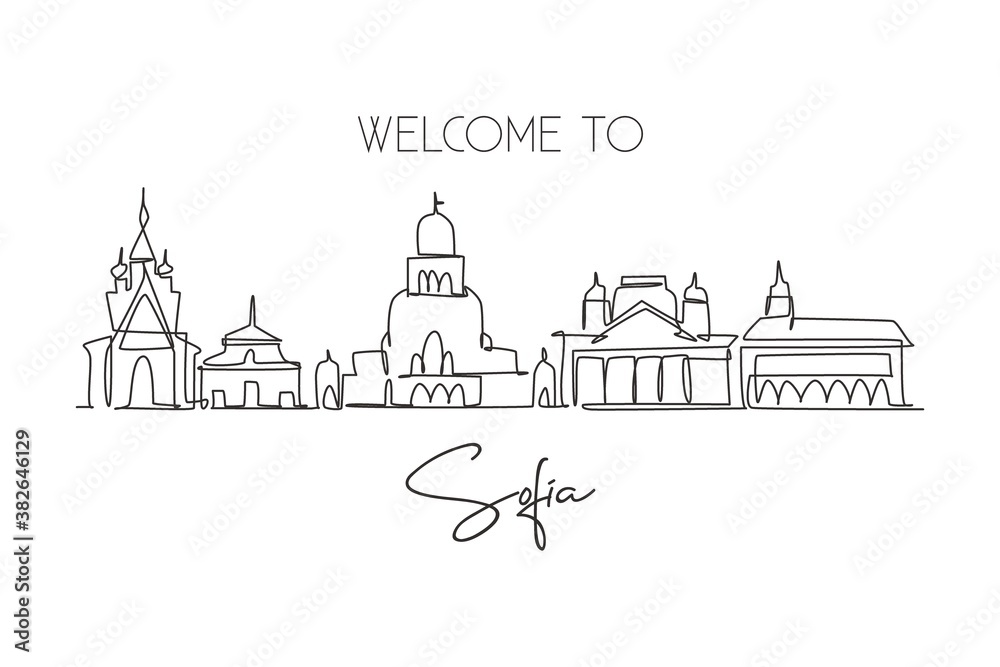 Single continuous line drawing of Sofia city skyline, Bulgaria. Famous city scraper landscape. World travel home wall decor art poster print concept. Modern one line draw design vector illustration