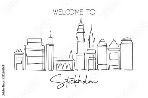 One continuous line drawing of Stockholm city skyline, Sweden. Beautiful landmark. World landscape tourism travel home wall decor art poster print. Stylish single line draw design vector illustration