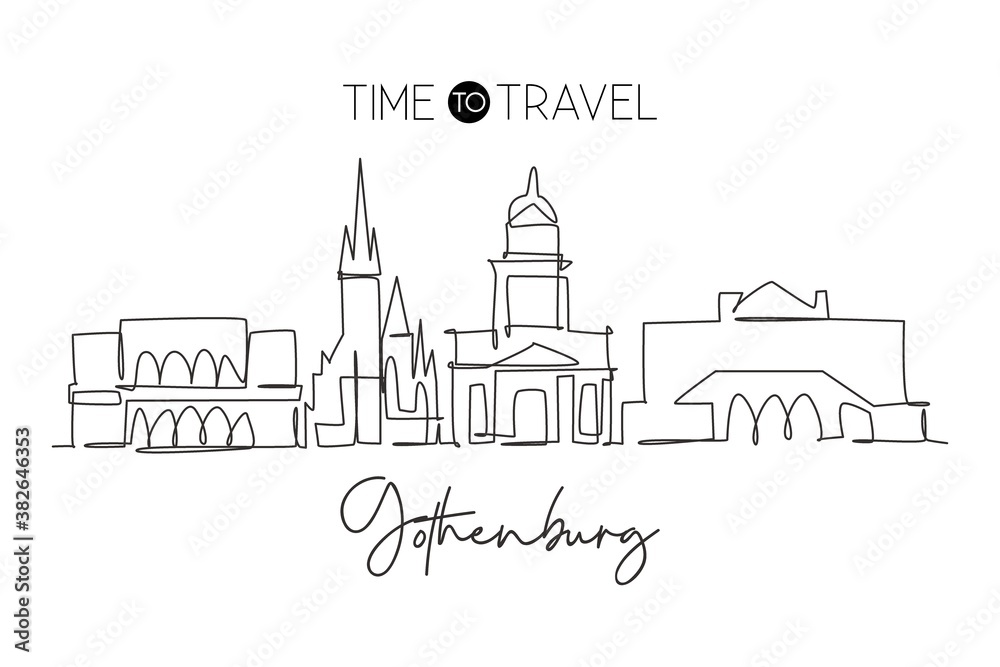 One single line drawing of Gothenburg city skyline, Sweden. Historical town landscape in the world. Best holiday destination. Editable stroke trendy continuous line draw design vector illustration