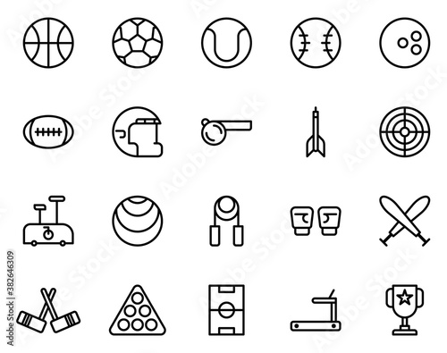 Photography Simple set of sport equipment on white background, such as basketball, soccer, baseball bowling and trophy