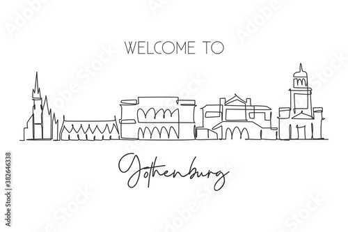 One continuous line drawing of Gothenburg city skyline, Sweden. Beautiful landmark. World landscape tourism travel home decor wall art poster print. stylish single line draw design vector illustration