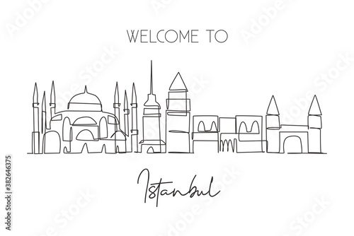 Single continuous line drawing of Istanbul city skyline, Turkey. Famous city scraper landscape. World travel wall decor home art poster print concept. Modern one line draw design vector illustration
