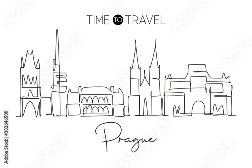 One single line drawing of Prague city skyline, Czech Republic. Historical town landscape in world. Best holiday destination wall decor poster. Trendy continuous line draw design vector illustration