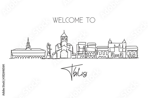 One single line drawing of Tbilisi city skyline, Georgia. Historical town landscape in the world. Best holiday destination print. Editable stroke trendy continuous line draw design vector illustration