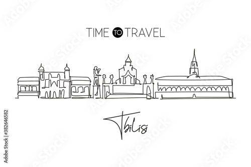 Single continuous line drawing of Tbilisi city skyline, Georgia. Famous city scraper and landscape. World travel concept home wall decor poster print. Modern one line draw design vector illustration