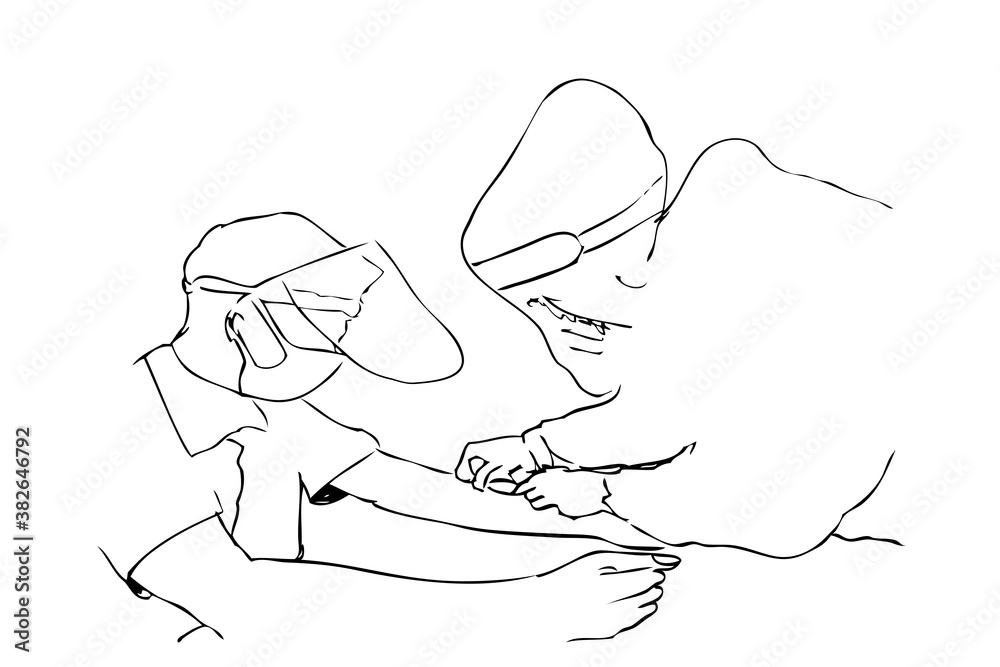 Using Hazmat Doctor, Doing Rapid Test to the patient, Simple Outline Manual Draw Sketch, Isolated on white Using Hazmat Doctor, Doing Rapid Test to the patient, Simple Outline Manual Draw Sketch, Isolated on white