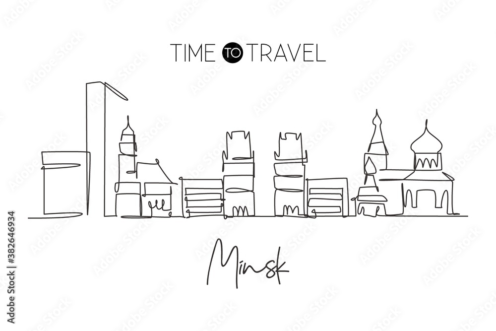 One single line drawing of Minsk city skyline, Belarus. Historical town landscape in world. Best holiday destination wall decor. Editable stroke trendy continuous line draw design vector illustration