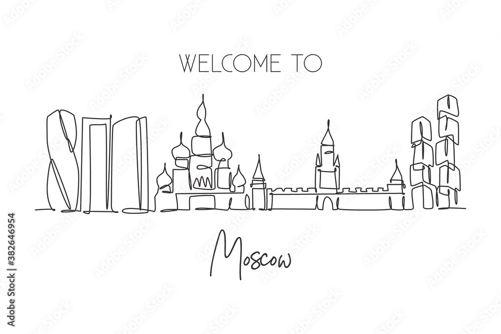 One continuous line drawing of Moscow city skyline, Russia. Beautiful landmark. World landscape tourism travel vacation wall decor art poster print. Stylish single line draw design vector illustration