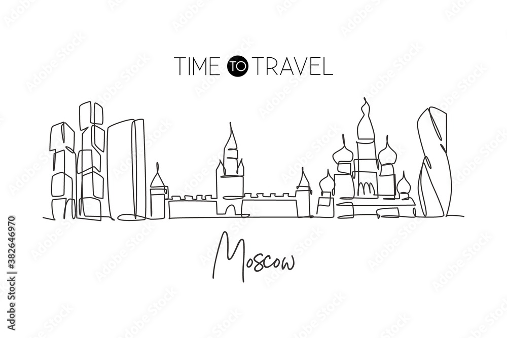 Single continuous line drawing of Moscow city skyline, Russia. Famous city scraper and landscape. World travel concept home wall decor poster print art. Modern one line draw design vector illustration