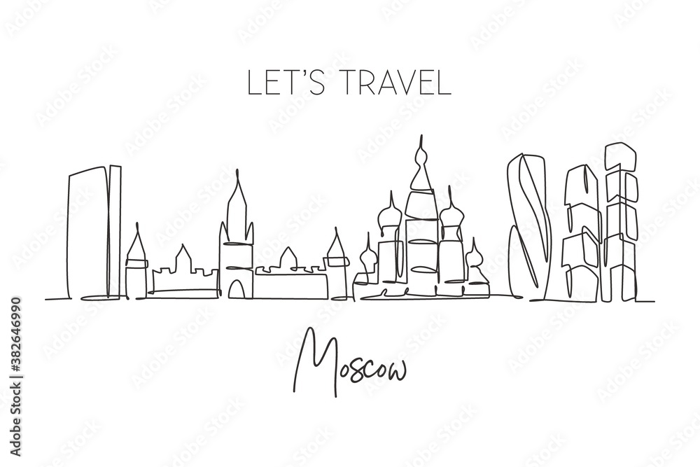 One single line drawing of Moscow city skyline, Russia. Historical town landscape in world. Best holiday destination wall decor. Editable stroke trendy continuous line draw design vector illustration