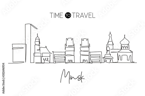 One single line drawing of Minsk city skyline, Belarus. Historical town landscape in world. Best holiday destination wall decor. Editable stroke trendy continuous line draw design vector illustration