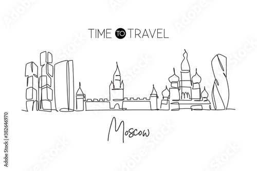 Single continuous line drawing of Moscow city skyline, Russia. Famous city scraper and landscape. World travel concept home wall decor poster print art. Modern one line draw design vector illustration