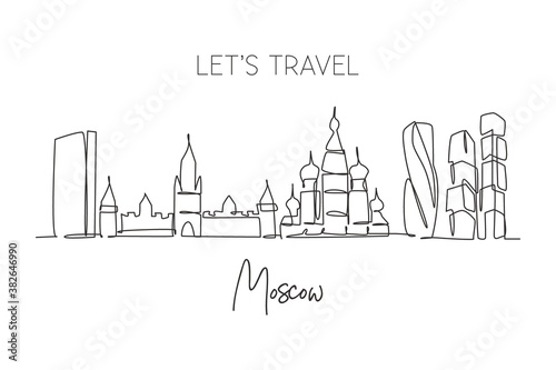 One single line drawing of Moscow city skyline  Russia. Historical town landscape in world. Best holiday destination wall decor. Editable stroke trendy continuous line draw design vector illustration