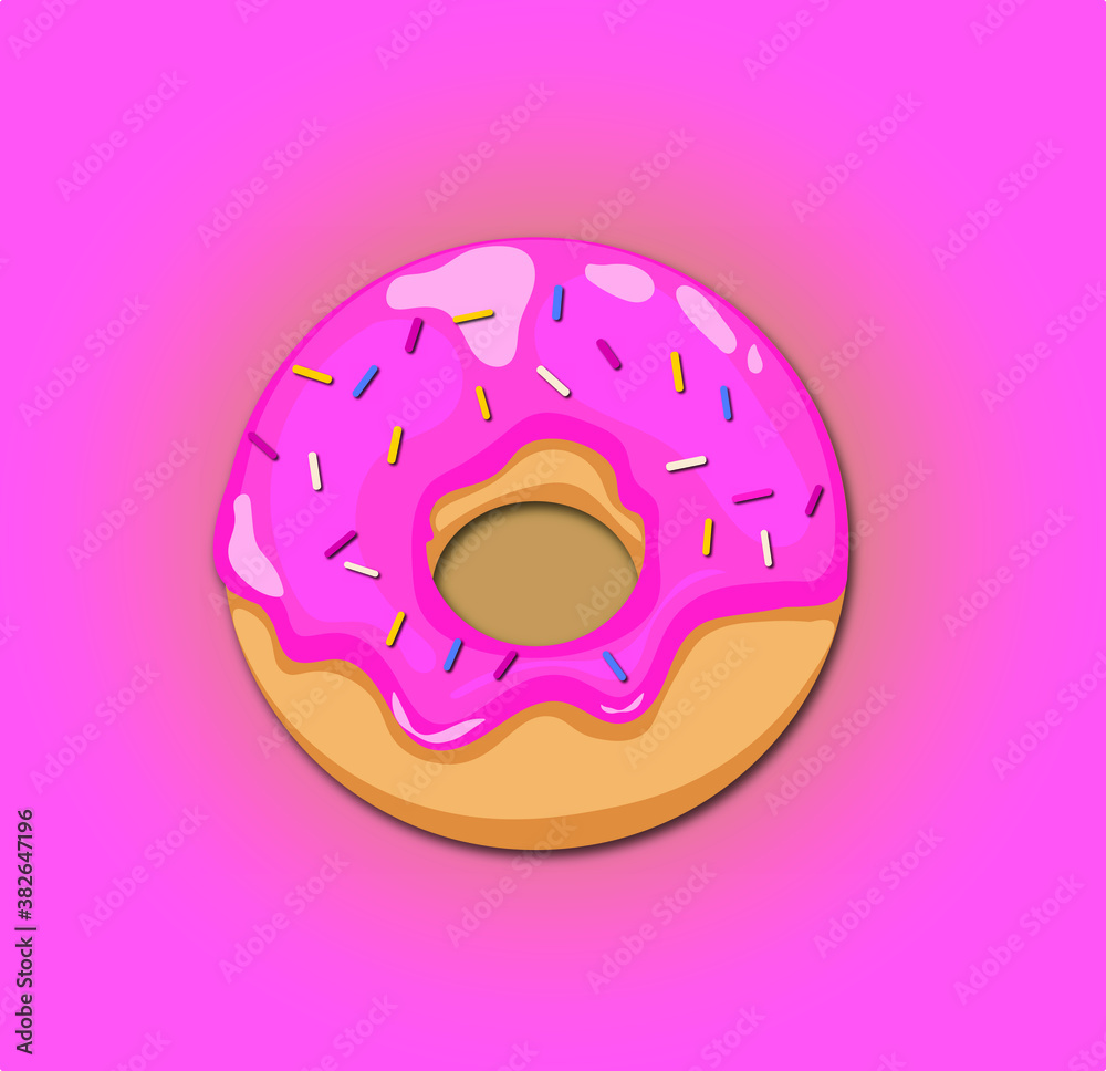 Cartoon colorful donut isolated on pink background. Top View Doughnut into glaze for menu design, cafe decoration, delivery box.Vector illustration Cartoon colorful donut isolated on pink background. Top View Doughnut into glaze for menu design, cafe decoration, delivery box.Vector illustration